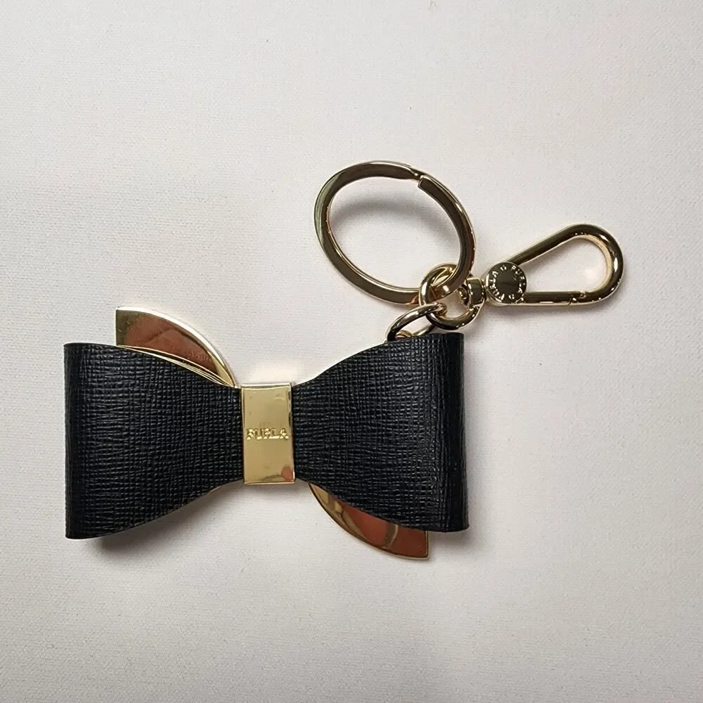 FURLA Ribbon Bow Motif Key Ring / Charm 42321 Black Textured Leather
